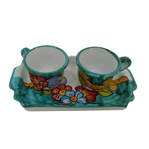 Service Tasses à Café et Plateau “Tête-à-Tête” Cadeau. Ligne Fleurs. Céramique de Vietri.
