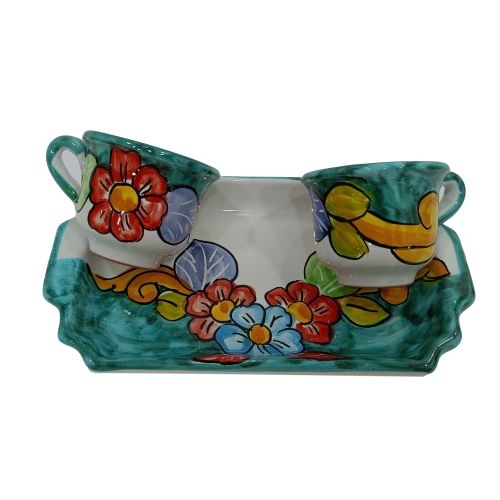 Service Tasses à Café et Plateau “Tête-à-Tête” Cadeau. Ligne Fleurs. Céramique de Vietri.