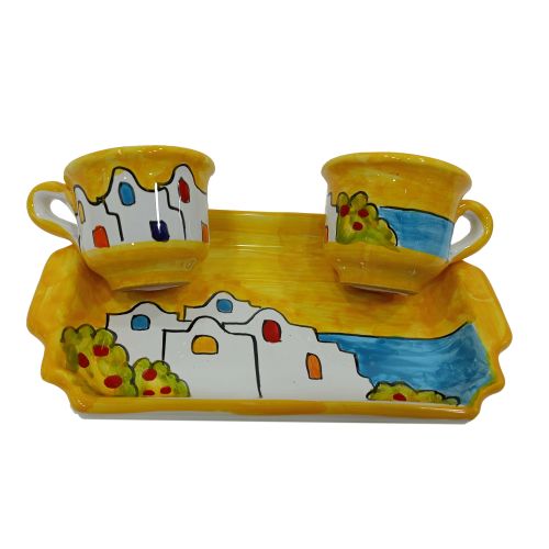 Service Tasses à Café et Plateau “Tête-à-Tête” Cadeau. Ligne Maisons. Céramique de Vietri.