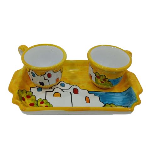 Service Tasses à Café et Plateau “Tête-à-Tête” Cadeau. Ligne Maisons. Céramique de Vietri.