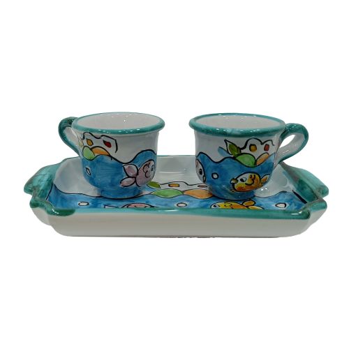 Kaffee-Tassen- und Tablett-Set „Tet-a-Tet“ Geschenk. Linie Fische & Häuschen. Vietri Keramik.