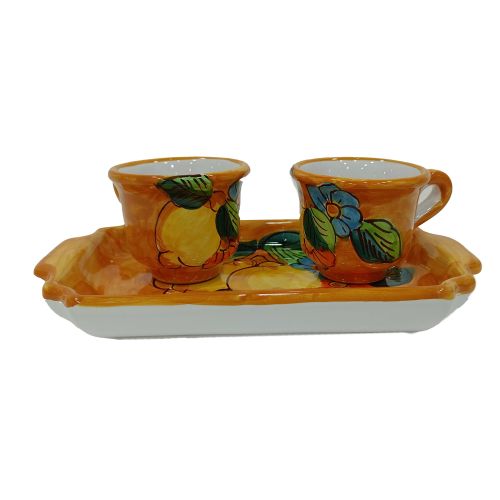 Coffee Cup and Tray Set “Tet-a-Tet” Favor. Lemons & Flowers Line. Vietri Ceramics. Hand Painted.