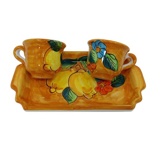Coffee Cup and Tray Set “Tet-a-Tet” Favor. Lemons & Flowers Line. Vietri Ceramics. Hand Painted.