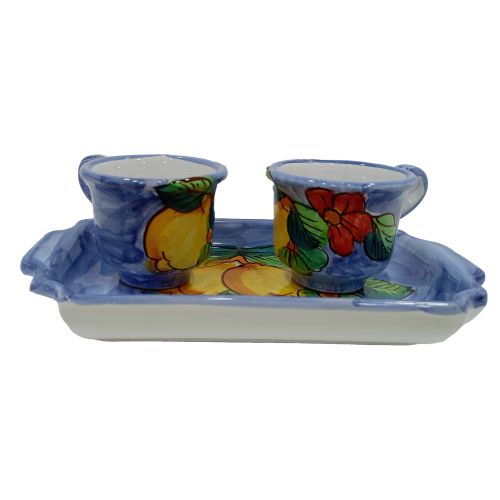 Coffee Cup and Tray Set “Tet-a-Tet” Favor. Lemons & Flowers Line. Vietri Ceramics. Hand Painted.