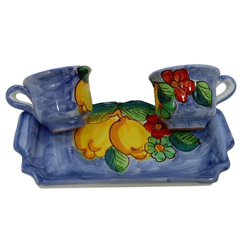 Coffee Cup and Tray Set “Tet-a-Tet” Favor. Lemons & Flowers Line. Vietri Ceramics. Hand Painted.