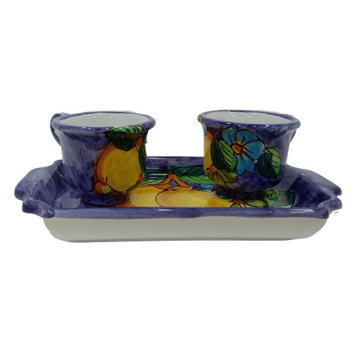 Set Tazzine caffè più vassoietto. "Tet a Tét" Bomboniera. Linea Limoni e Fiori. Ceramica di Vietri. Dipinto a Mano