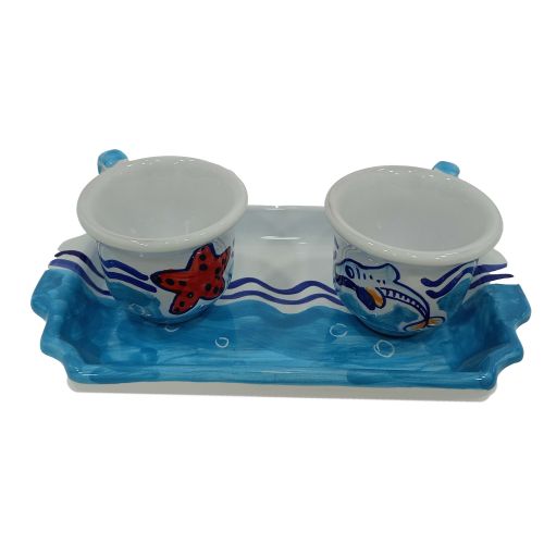 Coffee Cup and Tray Set “Tet-a-Tet” Favor. Marine Life Line. Vietri Ceramics. Hand Painted.