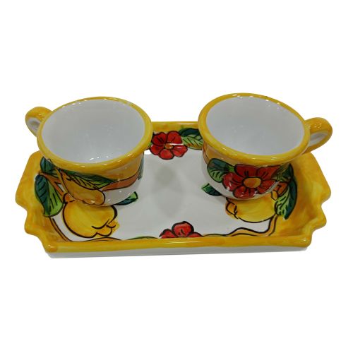 Coffee Cup and Tray Set “Tet-a-Tet” Favor. Lemons & Flowers Line. Vietri Ceramics. Hand Painted.