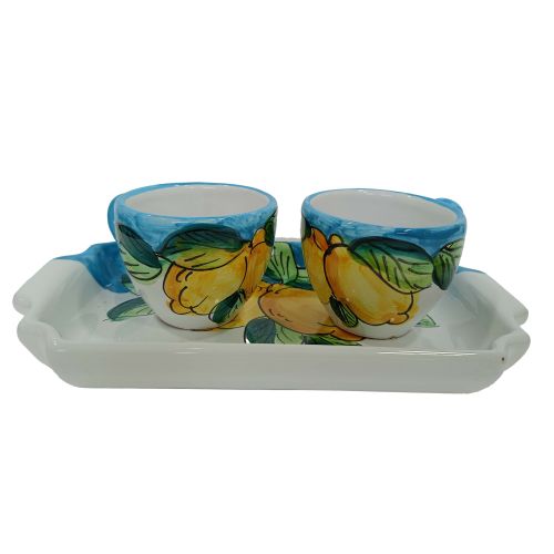 Juego de Tazas de Café y Bandeja “Tet-a-Tet” Recuerdo. Línea Limones. Cerámica de Vietri.