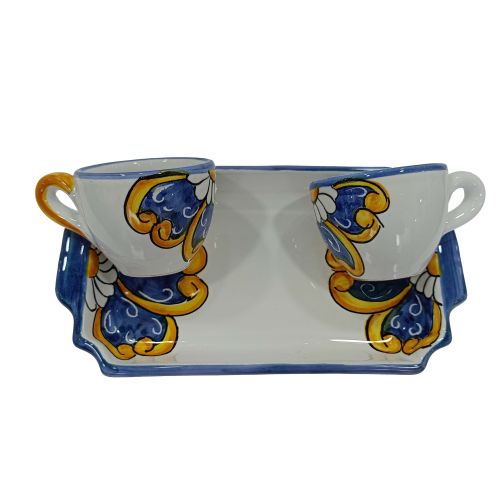 Service Tasses à Café et Plateau “Tête-à-Tête” Cadeau. Ligne Baroque & Fleurs. Céramique de Vietri.