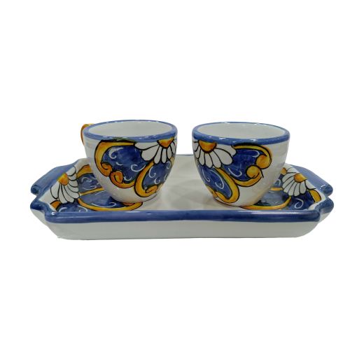 Service Tasses à Café et Plateau “Tête-à-Tête” Cadeau. Ligne Baroque & Fleurs. Céramique de Vietri.