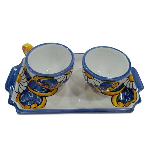 Service Tasses à Café et Plateau “Tête-à-Tête” Cadeau. Ligne Baroque & Fleurs. Céramique de Vietri.