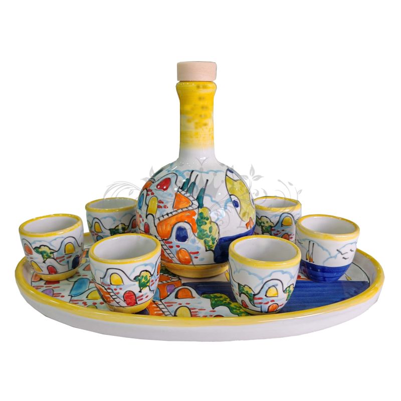 Limoncello set. Bottle, tray, 6 glasses. Houses...