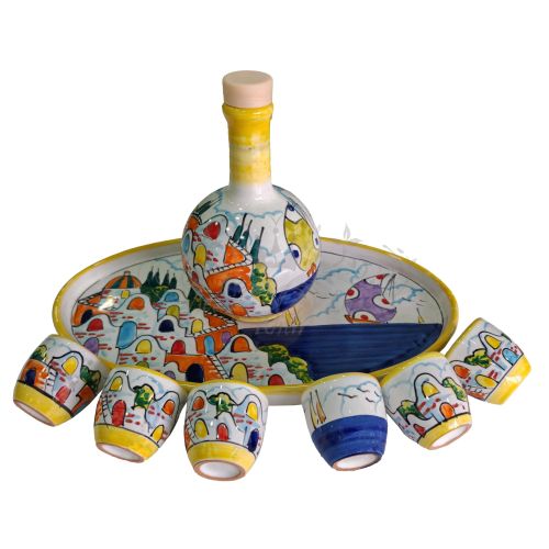 Set limoncello. Bouteille, plateau, 6 verres. Ligne Maisonnettes. Céramique de Vietri peinte à la main.