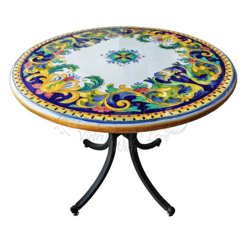Table ronde baroque en pierre de lave, 80 cm, peinte à la main, motif floral. Céramique de Vietri.