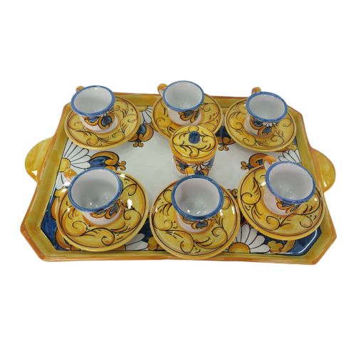 Plateau avec 6 tasses, soucoupes et sucrier. Ligne Baroque. Céramique de Vietri. Peint à la main.