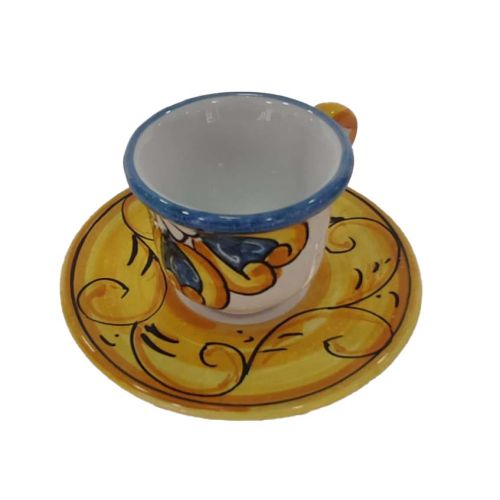 Bandeja con 6 tazas, platillos y azucarero. Línea Barroco. Cerámica de Vietri. Pintado a mano.