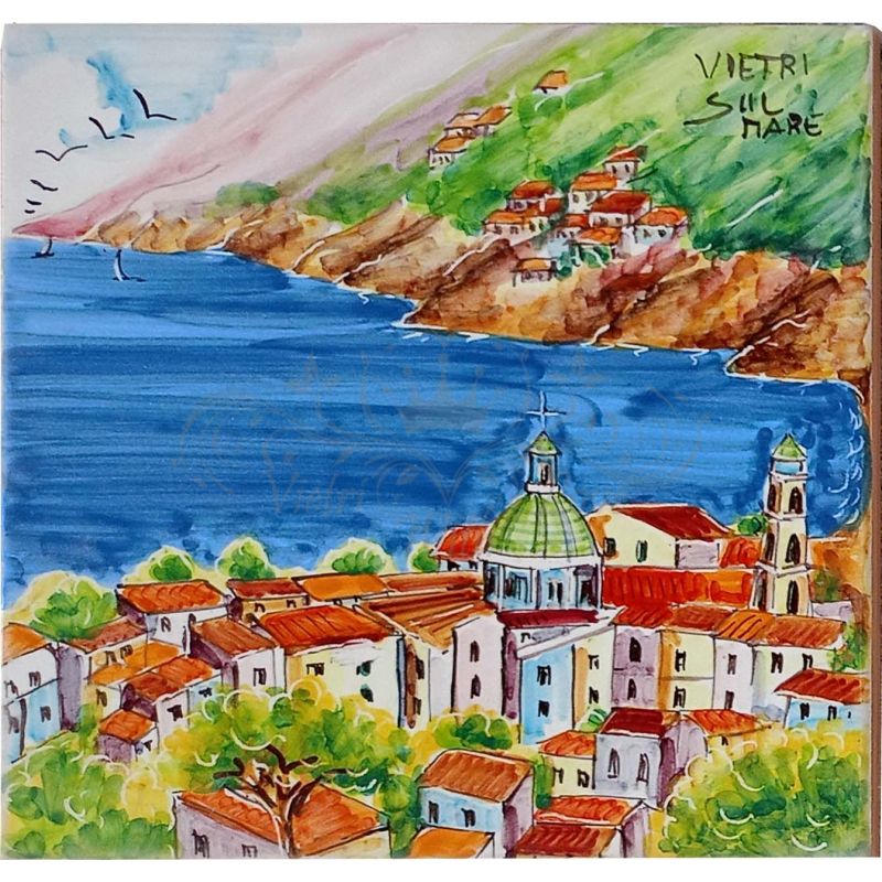 Mattonella con paesaggio in ceramica vietrese...