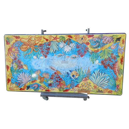 Tisch aus glasierter Lavastein. Meeresleben. Handbemalt....