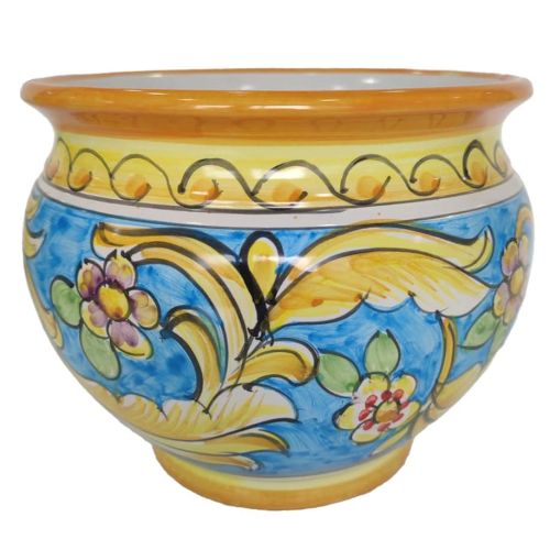 Cachepot Titular de planta de línea barroca y flores. Cerámica Vietri pintada a mano.