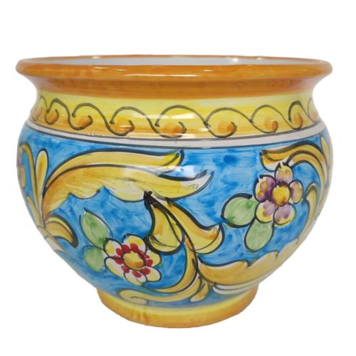 Cachepot Titular de planta de línea barroca y flores. Cerámica Vietri pintada a mano.