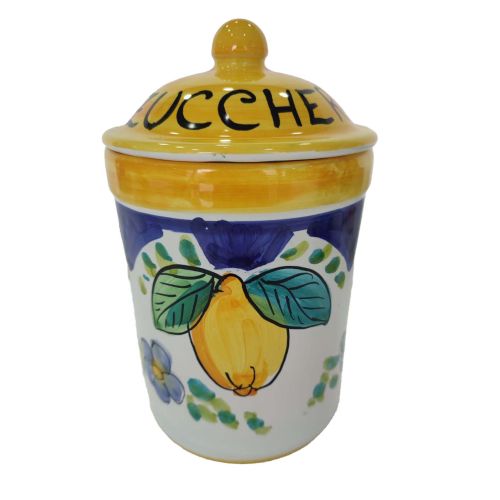 Barattolo linea casette fondo giallo. Ceramica di Vietri dipinta a mano.
