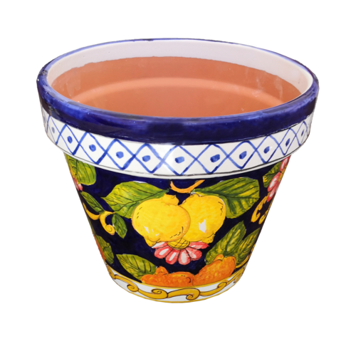 Jarrón cónico con fondo de limones y frutas. Cerámica Vietri pintada a mano.