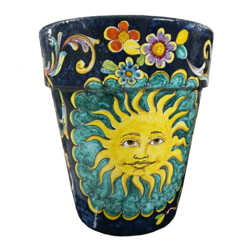Conical pot for plants Blu scuro con fiori. handpainted Vietri ceramic