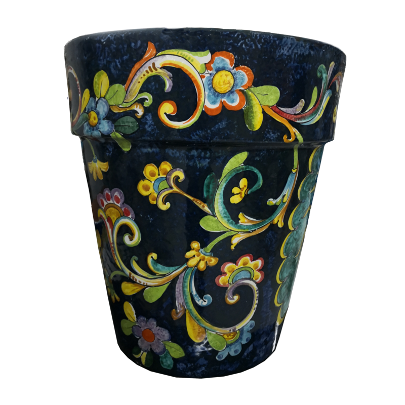 Fondo de jarrón cónico Azul oscuro con flores....