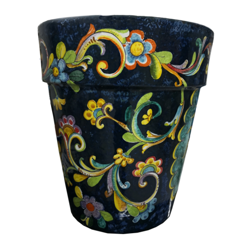 Conical pot for plants Blu scuro con fiori. handpainted Vietri ceramic