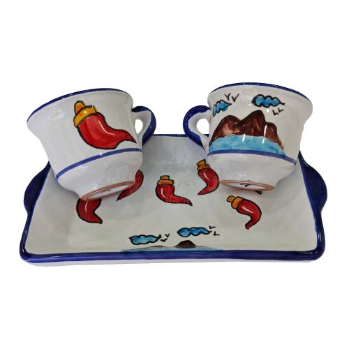 Kaffee-Tassen- und Tablett-Set „Tet-a-Tet“ Geschenk. Linie Neapel. Vietri Keramik.