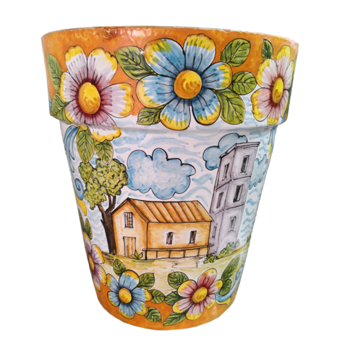 Vaso conico fondo arancio vecchio, decoro floreale.  Ceramica di Vietri dipinto a mano.