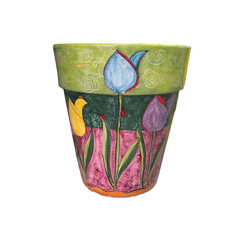 Conical pot for plants green decoro tulipani.  handpainted Vietri ceramic