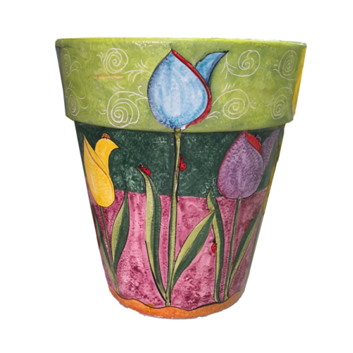 Vaso conico fondo verde decoro tulipani.  Ceramica di Vietri dipinto a mano.