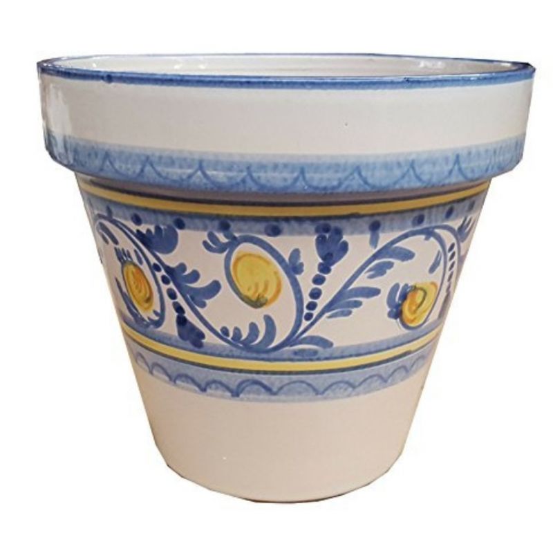Conical pot for plants white  Background decoro Blu.  handpainted Vietri ceramic