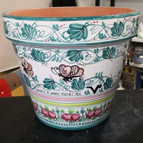 Conical pot for plants white  Background decoro green.  handpainted Vietri ceramic