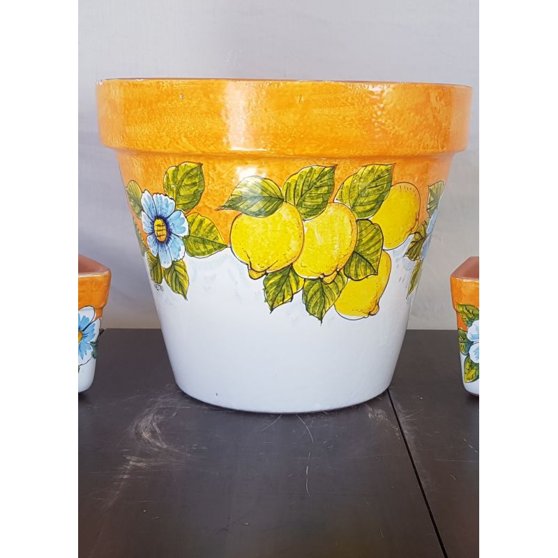 Conical pot for plants Lemons Line con Orange.  handpainted Vietri ceramic