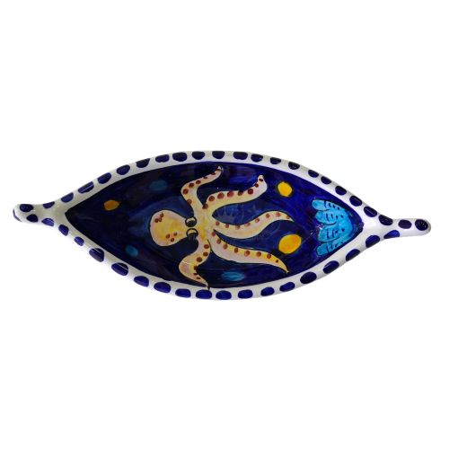 Plato con forma de barco. línea de pesca. Cerámica de Vietri pintada a mano.