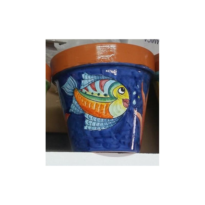 Conical pot for plants Blu, fish. handpainted Vietri ceramic