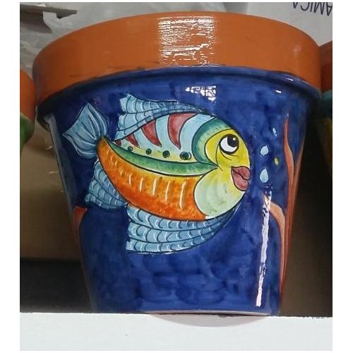 Jarrón cónico Fondo azul, sujeto a pescado. Cerámica Vietri pintada a mano.