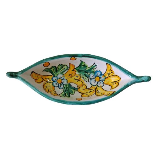Assiette en forme de bateau. ligne de fleurs. Céramique de Vietri peinte à la main.