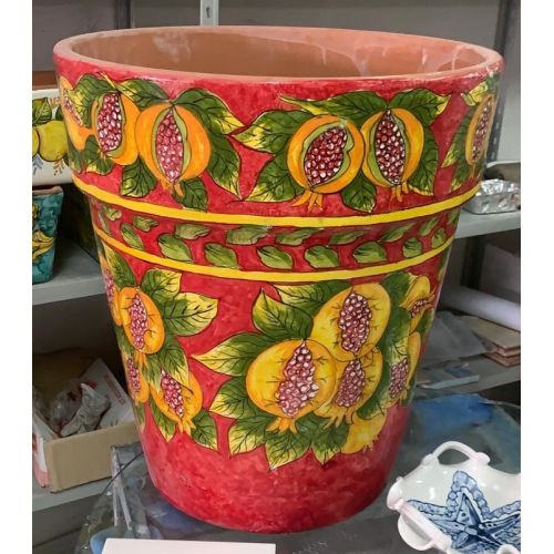 Conical pot for plants red, pomegranate. handpainted Vietri ceramic