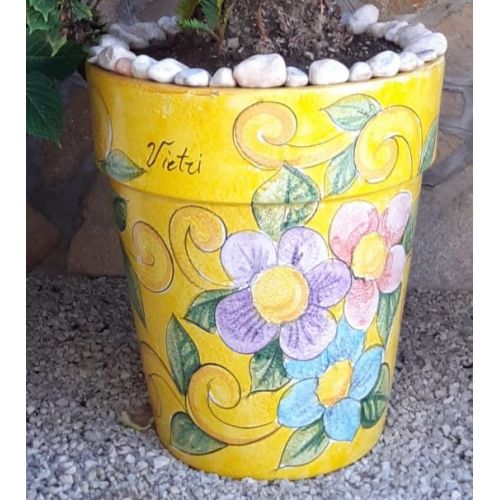 Conical pot for plants yellow, fiore. handpainted Vietri ceramic