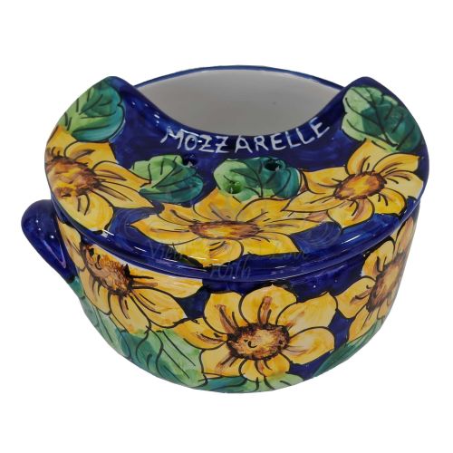 Sponzapane Porta Mozzarella decoro floreale fondo verde chiaro - Ceramica di Vietri dipinta a mano