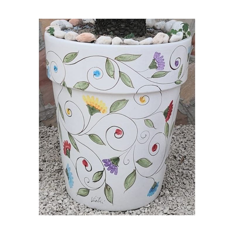 Conical pot for plants white  Background, fiori. handpainted Vietri ceramic