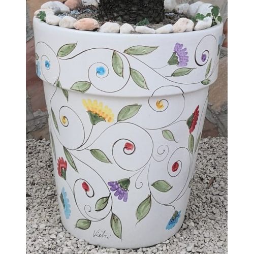 Conical pot for plants white  Background, fiori. handpainted Vietri ceramic
