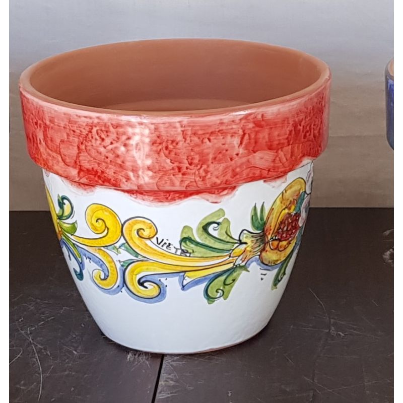 Conical pot for plants white  Background con decoro, red. handpainted Vietri ceramic