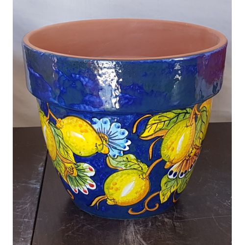 Jarrón cónico Fondo azul, sujeto limones. Cerámica Vietri pintada a mano.