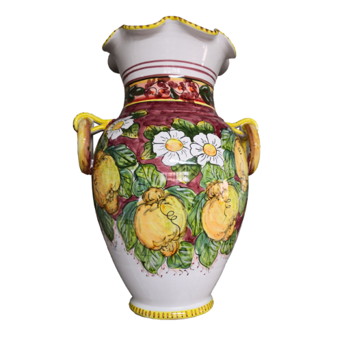 Schirmständer. Roter Hintergrund. Handbemalte Vietri-Keramik.