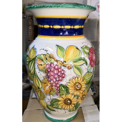 Umbrella holder vase white  Background fruit line, handpainted Vietri ceramic